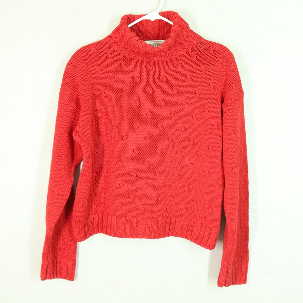 Vtg Casual Corner Turtleneck Sweater S Red Heavy Cotton Cable Knit